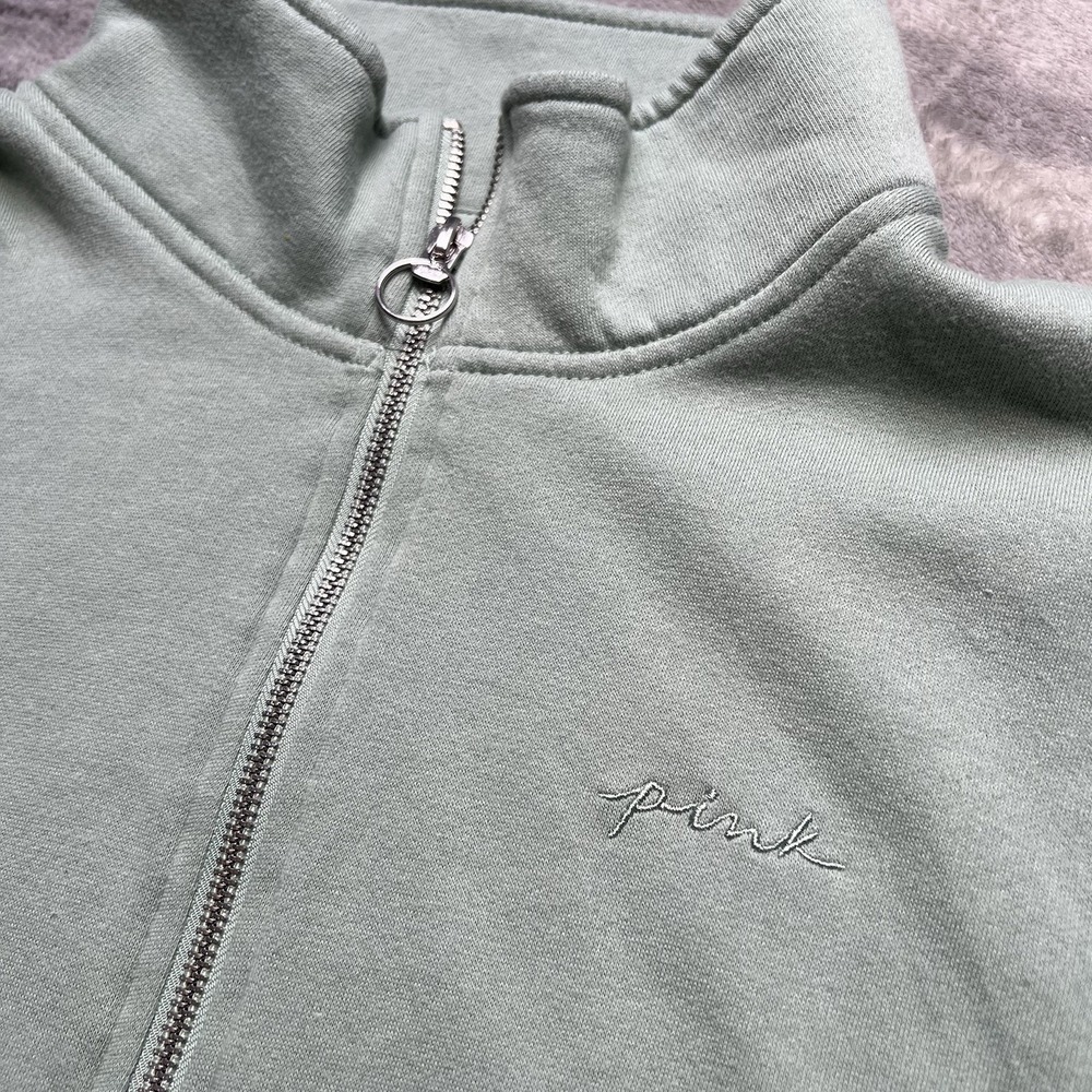Y2K Victoria Secret Love PINK 1/4 Zip Sweatshirt Camo Green Embroidered Size M - Picture 4 of 7